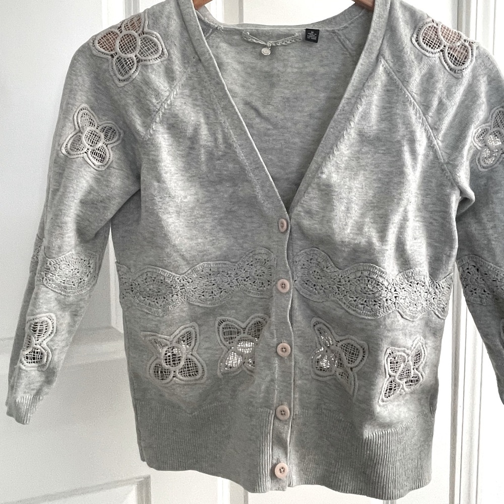 Anthropologie Dainty Knitted and Knotted Gray Open Crochet Cardigan